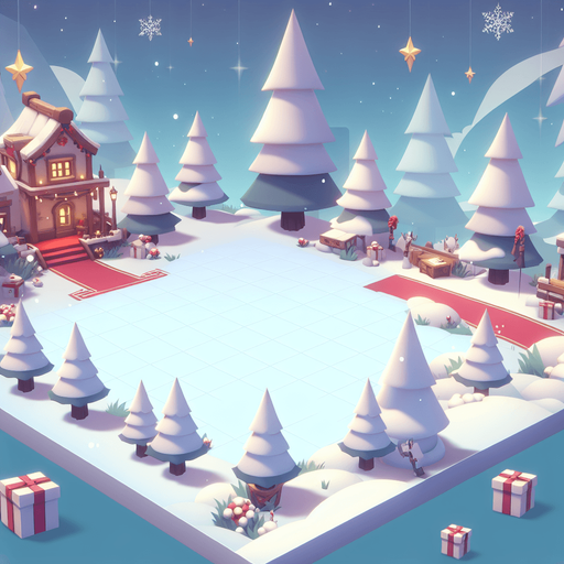 Christmas landscape scene, soft colours. Blank background. High contrast. No shadows. Single Game Texture. In-Game asset. 2d. Blank backgroud Single Game Texture. In-Game asset. 2d. Blank background. High contrast. No shadows.
