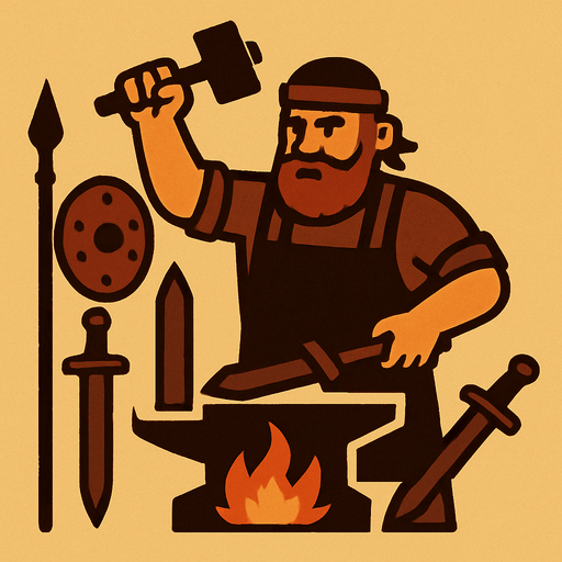 Demirci, Eski savaş malzemeleri üretiyor.
In-Game asset.  2d.  High contrast.  No shadows