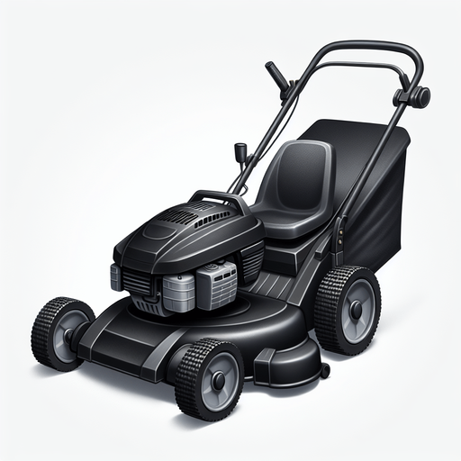 Black lawnmower.
Single Game Texture.  In-Game asset.  2d.  Blank background.  High contrast.  No shadows