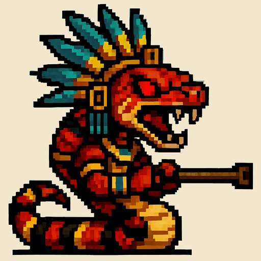 Genérame una Serpiente coral guerrero azteca con eso patrones, estilo pixelar, con una apariencia maligna, ojos rojos, rabioso. Unidad a distancia, con cerbatana. Animal.
In-Game asset.  2d.  High contrast.  No shadows