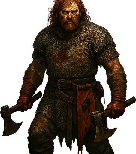 A brutal mercenary captain in blood-stained chainmail, wielding twin axes. Male, 40 years old, muscular and wild, shoulder-length red hair, fiery amber eyes, freckled and scarred face. A severed banner tied to his belt, his hands wrapped in bloodied leather. He stands amidst fallen enemies in a smoky battlefield. Realistic, highly detailed, brutal war setting. realistic.
In-Game asset.  2d.  High contrast.  No shadows
