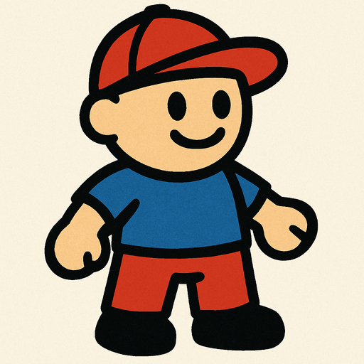 un muñeco con gorra y pantalones.
In-Game asset.  2d.  High contrast.  No shadows