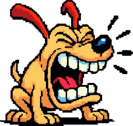 Un perro bobo ladrando con los ojos cerrados  pixel art dientes grandes, estilo earthworm jim.
In-Game asset.  2d.  High contrast.  No shadows