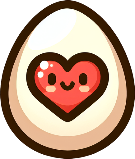 cartoon egg with big heart.
Single Game Texture. In-Game asset. 2d. Blank background. High contrast. No shadows.