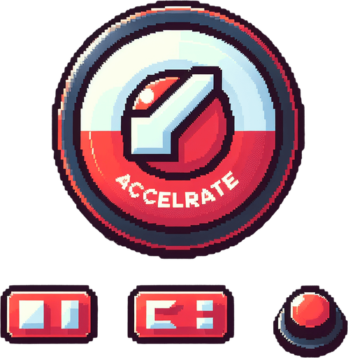 "Pixel art style accelerate button icon, 64x64 size, glowing red or white, with an upward arrow or speed meter symbol, circular or rounded rectangle, designed for mobile racing game UI, clean and minimal arcade look". button shoudld be straight up and accelerate text hd images
Single Game Texture.  In-Game asset.  2d.  Blank background.  High contrast.  No shadows
