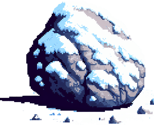 pixel art of a large, snow covered rock . Single Game Texture. In-Game asset. 2d. Blank background. High contrast. No shadows.