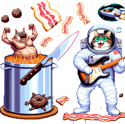Epic clash of intergalactic tubs of lard and  anthropomorphic skillets cooking bacon while brandishing a switchblade knife versus a morbidly obese astronaut cat with a funny expression shooting sonic blasts from the fender Stratocaster being played, cinematic, exciting, 16-bit pixel art.
Single Game Texture. In-Game asset. 2d. Blank background. High contrast. No shadows.