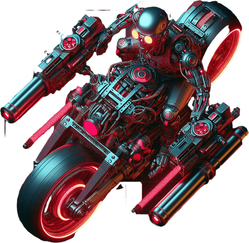A thin robot with goggles riding a hover-bike. Twin blaster guns mounted on front. Top down view. Birds Eye view. Cyberpunk with red glowing highlights...
Single Game Texture. In-Game asset. 2d. Blank background. High contrast. No shadows.