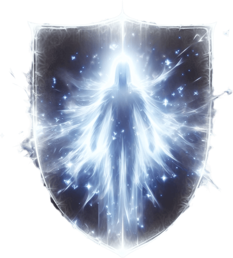 a translucent, ghostly shield or a faint outline of a guardian spirit figure..
Single Game Texture.  In-Game asset.  2d.  Blank background.  High contrast.  No shadows