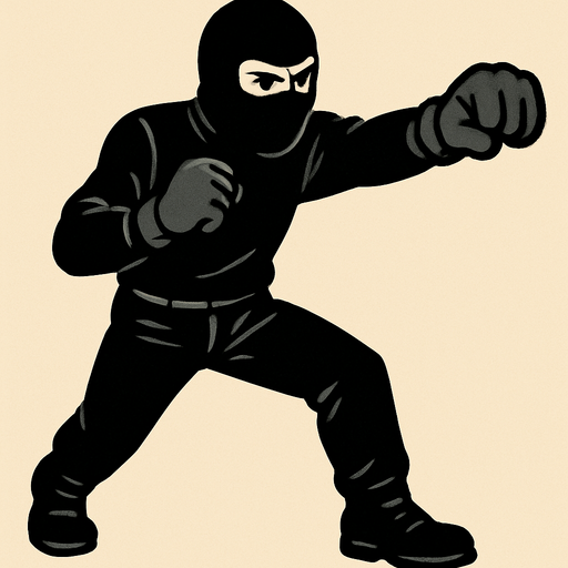 hombre con camisa negra de manga larga, pantalones negros, botas negras y guantes negros y un pasamontañas negro dando un puñetazo..
In-Game asset.  2d.  High contrast.  No shadows