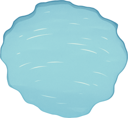 A simple top-down 2D illustration of a calm arctic lake. The scene shows the edge of the water, with a soft, snowy shoreline framing the top and one side of the image. The lake itself is a calm, light blue, with subtle light reflections on the surface to suggest water. The art style is soft and clean, like a children's book illustration..
In-Game asset.  2d.  High contrast.  No shadows