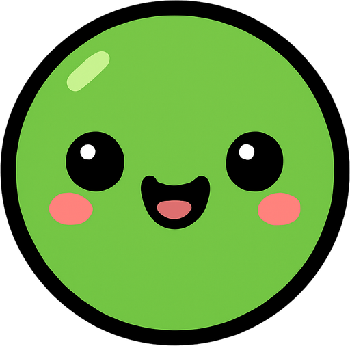 crea la imagen de una pelotita simple con una carita kawai verde.
In-Game asset.  2d.  High contrast.  No shadows