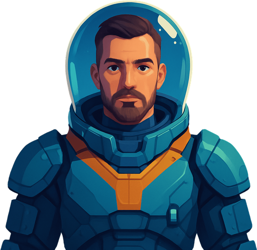 Front-facing icon, Fullscreen modern App Store art style with futuristic male colonist, 16:9, high definition.  No text captions!