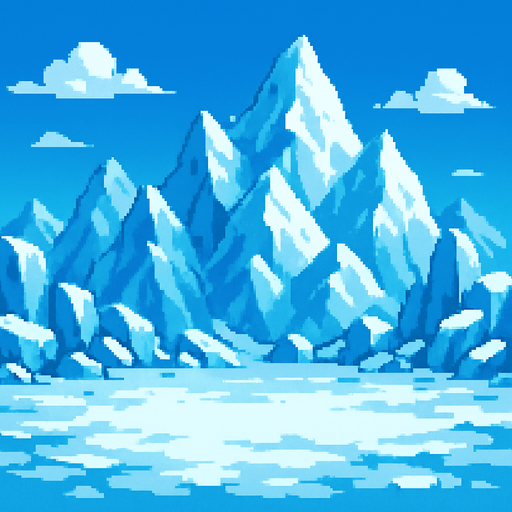 um conjunto de montanhas de gelo, arte pixel 32bits, arena battle background.
In-Game asset.  2d.  High contrast.  No shadows