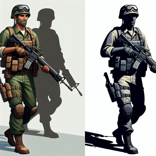 A man in the army suited with weapons.
Single Game Texture.  In-Game asset.  2d.  Blank background.  High contrast.  No shadows