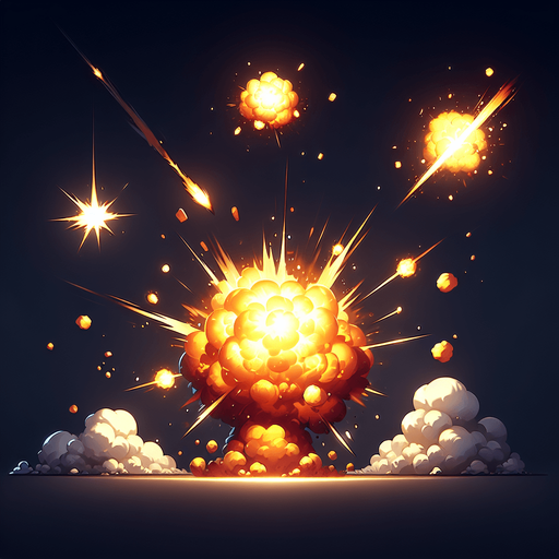 Initial Impact:

Start with a bright flash of light (yellow or white) at the point of collision to indicate the impact.
Explosion Burst:

Create a series of expanding fireballs with glowing orange, red, and yellow hues.
Add smoke trails or debris flying outward from the center of the explosion.
Animation Details:

Make the explosion dynamic, starting with a fast expansion and then slowly fading out.
Include flickering or sparking effects for added realism.
Duration:

The entire animation should last around 0.5–1 second to ensure it feels impactful but doesn't interrupt gameplay flow.
Style:

Match the art style of the game, whether it's realistic, cartoonish, or pixelated, to ensure consistency..
Single Game Texture. In-Game asset. 2d. Blank background. High contrast. No shadows.