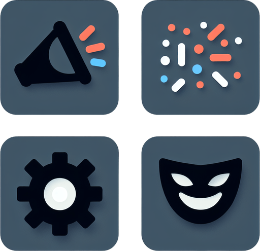 Collection of high definition modern rounded squares buttons.
icons : speaker; confettis;  settings (cog), smilling theater mask
Simple backgrounds. 
Few colours.