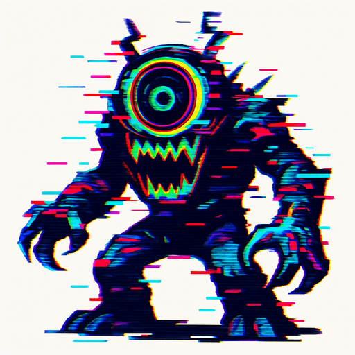 Glitch audio personificado como un enemigo.
In-Game asset.  2d.  High contrast.  No shadows