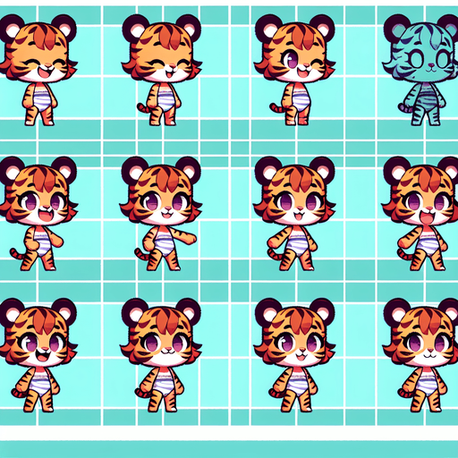 A spritesheet with a number of poses of an happy little tigergirl in a swimsuit, smiling, walking, waiting, standing, ordering, turning, etc. all seen from the side.The spritesheet should be laid out in a rectangular grid with clear space between each individual sprite. Each sprite in the sheet should be around 300x600 pixels in size.
Single Game Texture. In-Game asset. 2d. Blank background. High contrast. No shadows.