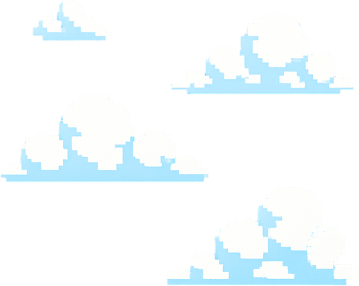 El cielo debe ser un fondo claro y agradable, de color azul celeste con un suave degradado hacia un azul más claro en la parte inferior, acompañado de algunas nubes blancas esponjosas flotando lentamente para dar una sensación de movimiento y vida; todo en pixel art, sin muchos detalles, con un ambiente brillante, alegre y apto para un juego casual visualmente amigable..
In-Game asset.  2d.  High contrast.  No shadows