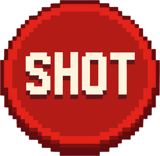 un boton rojo que en medio dice shot hecho con pixeles.
In-Game asset.  2d.  High contrast.  No shadows