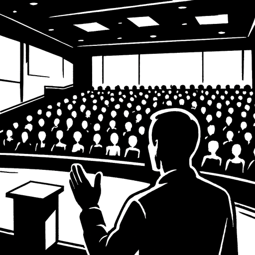 bir konferans salonunda sahnede olan birinin bakış açısından bir resim siyahın tonları kullanılsın.
In-Game asset.  2d.  High contrast.  No shadows