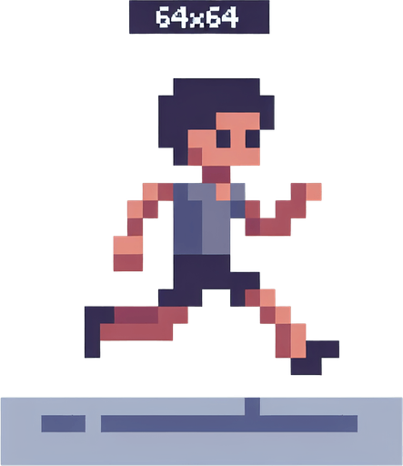 Running person 64×64 pixel art.
Single Game Texture.  In-Game asset.  2d.  Blank background.  High contrast.  No shadows