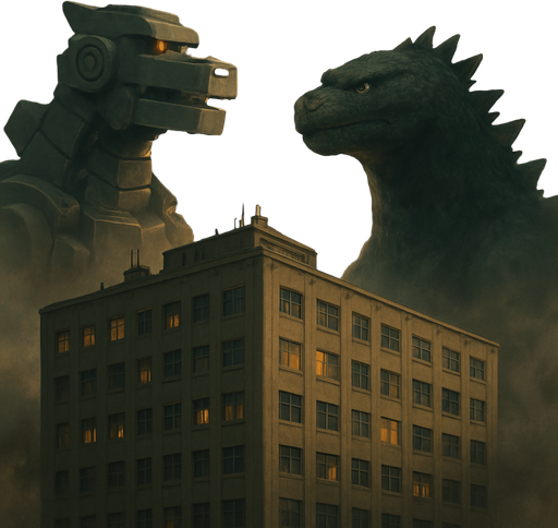building with godzilla vs mechagodzilla in the background