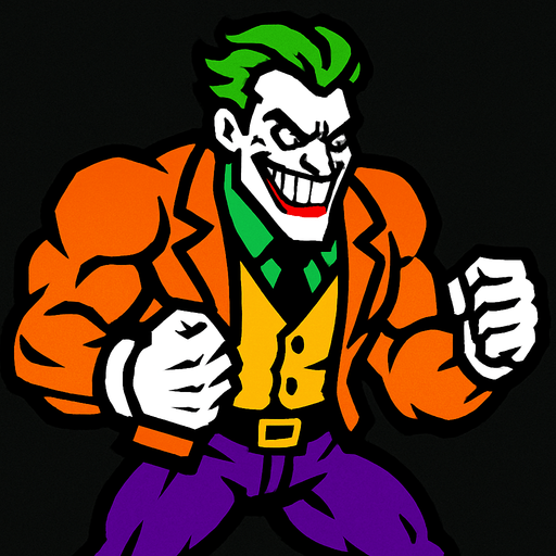 Mad strong person like the joker 2d game.
In-Game asset.  2d.  High contrast.  No shadows