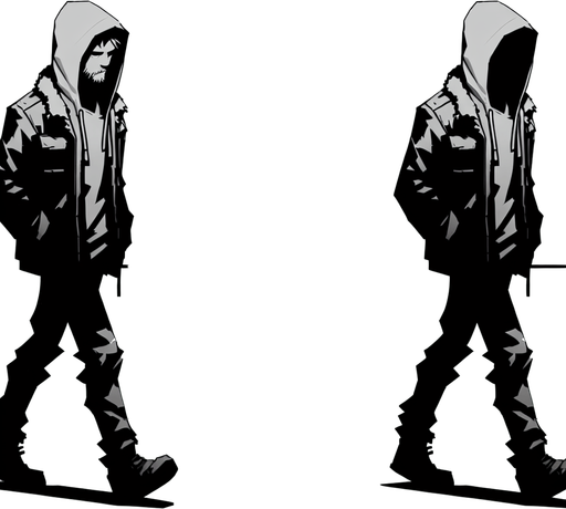 Бомж идёт.
Single Game Texture. In-Game asset. 2d. Blank background. High contrast. No shadows.