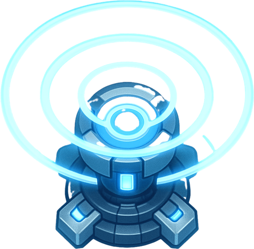 top-down view, futuristic support beacon tower, energy rings, radiant aura effect, soft blue and white glow, advanced tech support node.
In-Game asset.  2d.  High contrast.  No shadows