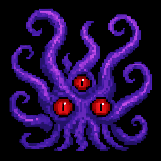 Purple tentacles pixel art and red eyes 2d.
In-Game asset.  2d.  High contrast.  No shadows
