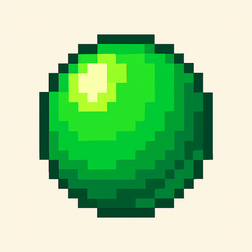 Bir top pixel art yeşil renkli.
In-Game asset.  2d.  High contrast.  No shadows