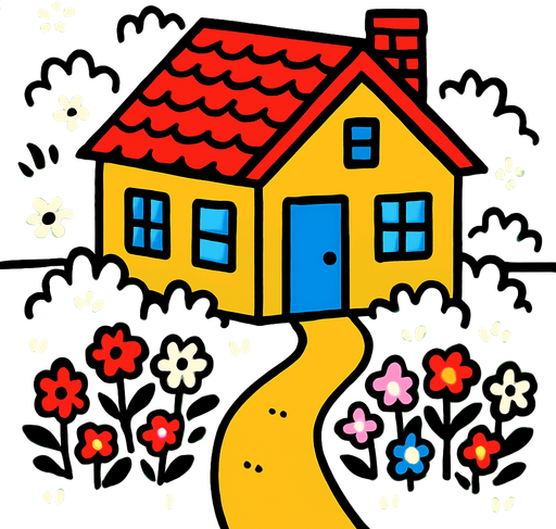 let there be a house and let the house be surrounded by lawns and flowers.
In-Game asset.  2d.  High contrast.  No shadows