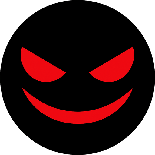 a black circle that is dark and evil and has red eyes and an evil smirk.
In-Game asset.  2d.  High contrast.  No shadows