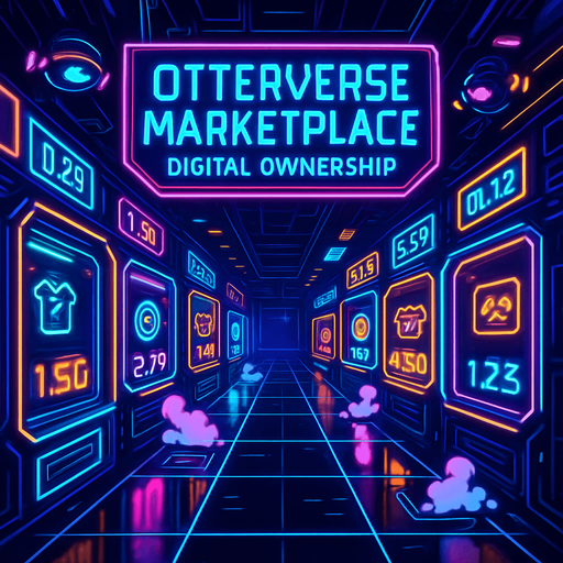 Create a cyber-bazaar corridor lined with glowing vendor pods and digital price tags flickering in neon. A large holoscreen banner reads ‘Otterverse Marketplace - digital ownership’ Include floating ad drones, steam jets from vents, and reflective floor panels—no visible characters or coins..
In-Game asset.  2d.  High contrast.  No shadows