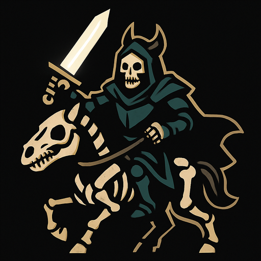 Kara şövalye iskelet atının üzerinde elinde parlak bir kılıç tutuyor.
In-Game asset.  2d.  High contrast.  No shadows