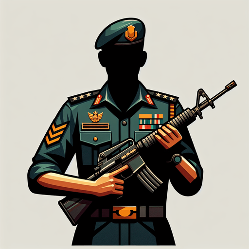 A military general holding a rifle.
Single Game Texture. In-Game asset. 2d. Blank background. High contrast. No shadows.