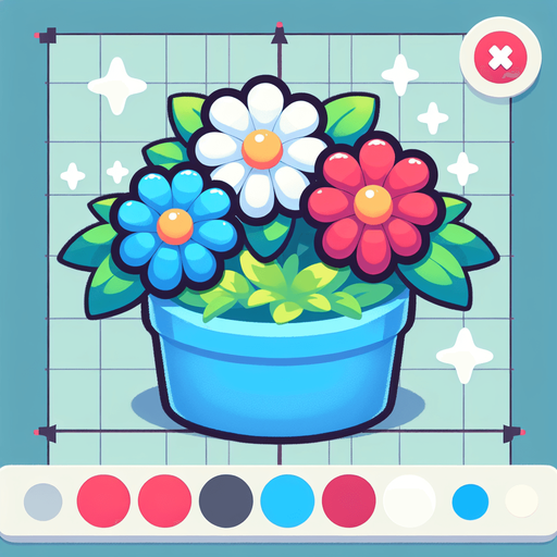 3 nice colored flowers in a single light blue pot..
In-Game asset. 2d. Blank background. High contrast. No shadows. No perspective.