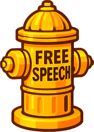 A stylized golden fire hydrant labeled "Free Speech" OR a glowing server rack labeled "Meme Archive"..
In-Game asset.  2d.  High contrast.  No shadows
