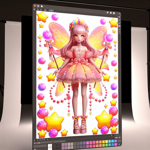 A very colourful sparkling pink fairy doll in yellow orange and soft colours kawaii doll with glowing jellys stars kawaii sweet beautiful wearing beautiful dress shoes magical wand.
Single Game Texture. In-Game asset. 3d. Blank background. High contrast. No shadows.theme