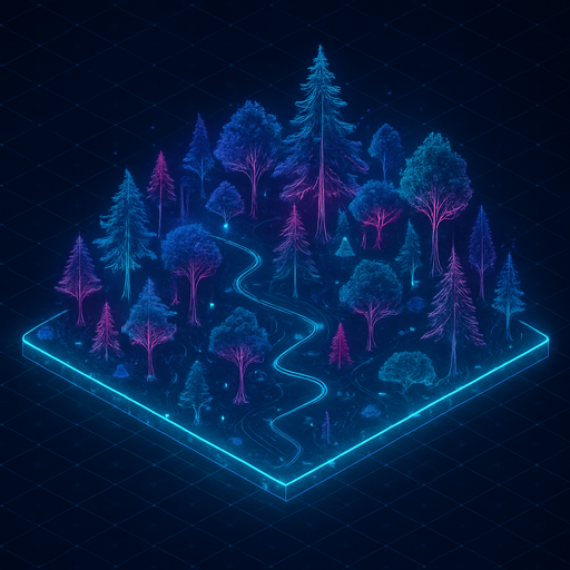 Top down isometric anime cyberpunk forest neon map grid hologram projection