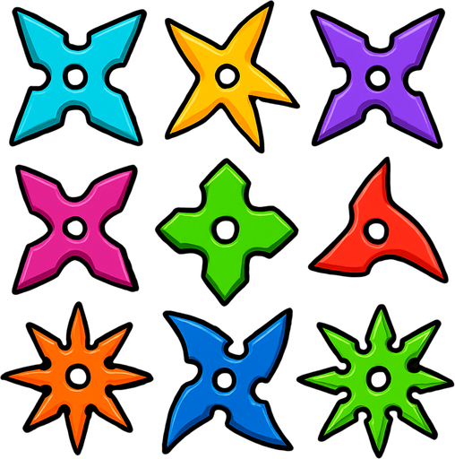 Pack of different ninja star. different color. HD colors.
In-Game asset.  2d.  High contrast.  No shadows