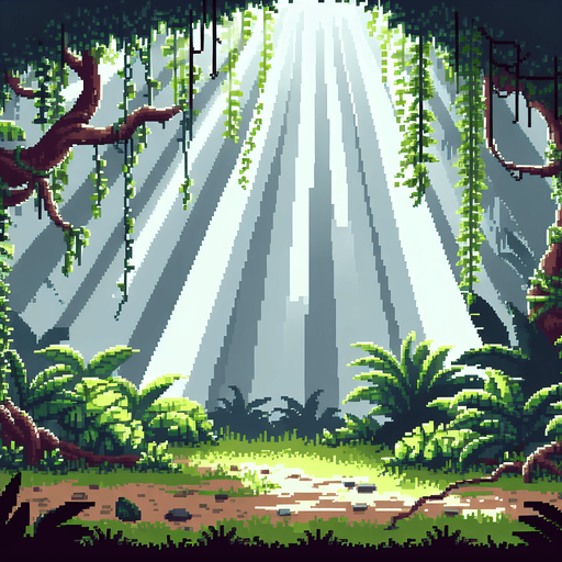 a jungle with light streaming in from above, pixel art

Single Game Texture. In-Game asset. 2d. Blank background. High contrast. No shadows.