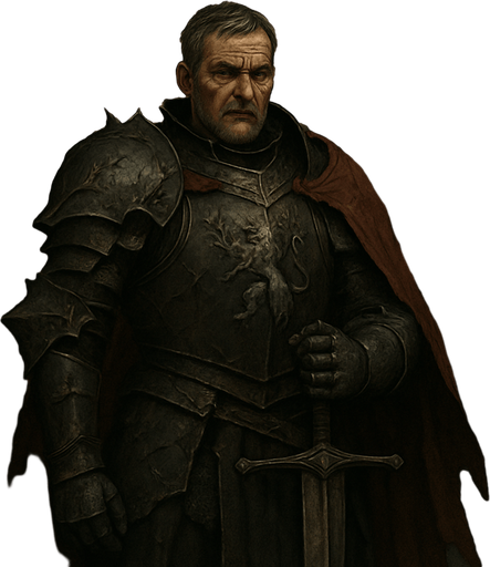 A weathered and noble medieval knight clad in dark iron armor engraved with thorns and lion insignias. Male, 52 years old, tall and broad-shouldered, with greying brown hair cut short, deep-set hazel eyes, and a strong jawline covered in stubble. A long, tattered crimson cape flows behind him. His armor is dented from countless battles. He stands in a ruined stone courtyard at dusk, gripping a massive longsword planted in the ground. Realistic, highly detailed, cinematic lighting. realistic.
In-Game asset.  2d.  High contrast.  No shadows