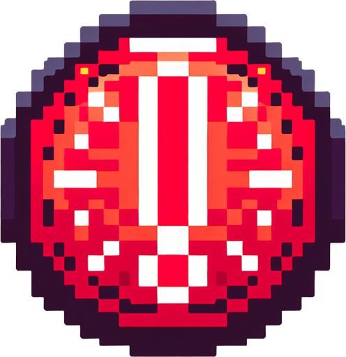 8-bit pixelated red round LED circle with a large exclamation sign indented in the center.
Single Game Texture. In-Game asset. 2d. Blank background. High contrast. No shadows.
