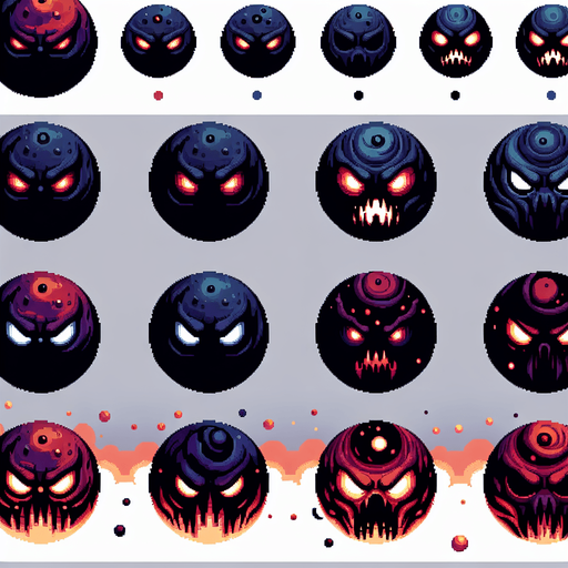 A sprite sheet of evil dark and dangerous looking planets with their eyes closed and their eyes open..
Single Game Texture. In-Game asset. 2d. Blank background. High contrast. No shadows.
