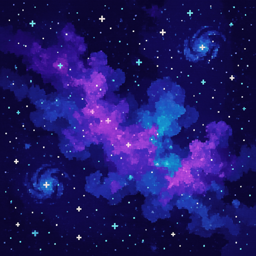 Space nebula background, cosmic clouds, purple and blue colors, stars and galaxies, sci-fi atmosphere, 2D pixel art.
In-Game asset.  2d.  High contrast.  No shadows