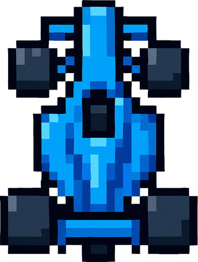 Vertical blue pixel racing car.
In-Game asset.  2d.  High contrast.  No shadows. Pixel