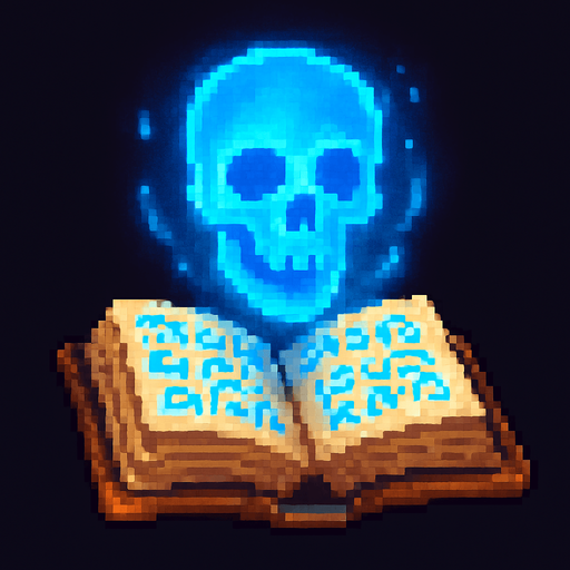 "2D pixel art of a glowing blue skull symbol emerging from an open magical spellbook. The spellbook has old, worn covers and glowing arcane runes on its pages. The skull symbol floats above the book, made of radiant blue magical energy, slightly transparent and softly glowingl. Style is classic 16-bit fantasy RPG pixel art. Transparent background.".
In-Game asset.  2d.  High contrast.  No shadows.
In-Game asset.  2d.  High contrast.  No shadows